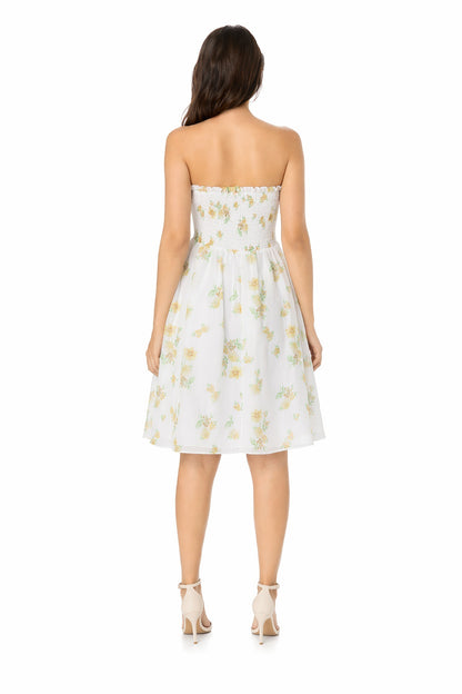 Beach-print strapless midi dress in yellow