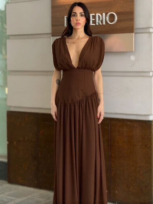 brown pleated  V-neck sleeveless asymmetrical dress