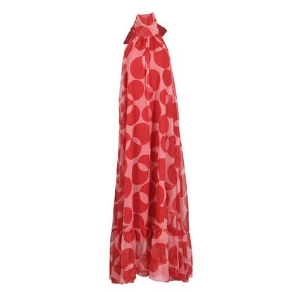 Backless halter neck sleeveless full skirt ruffle dress