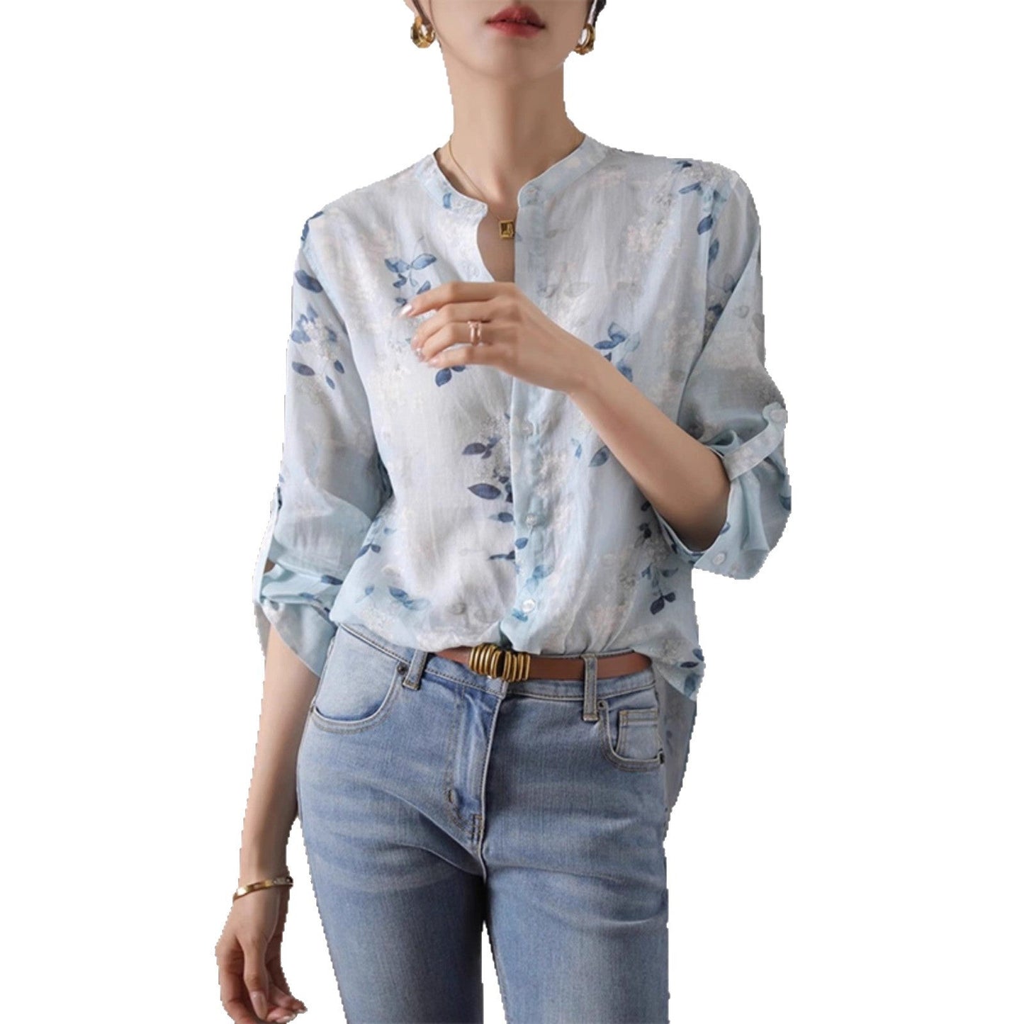 Three-quarter sleeve printed cotton shirt