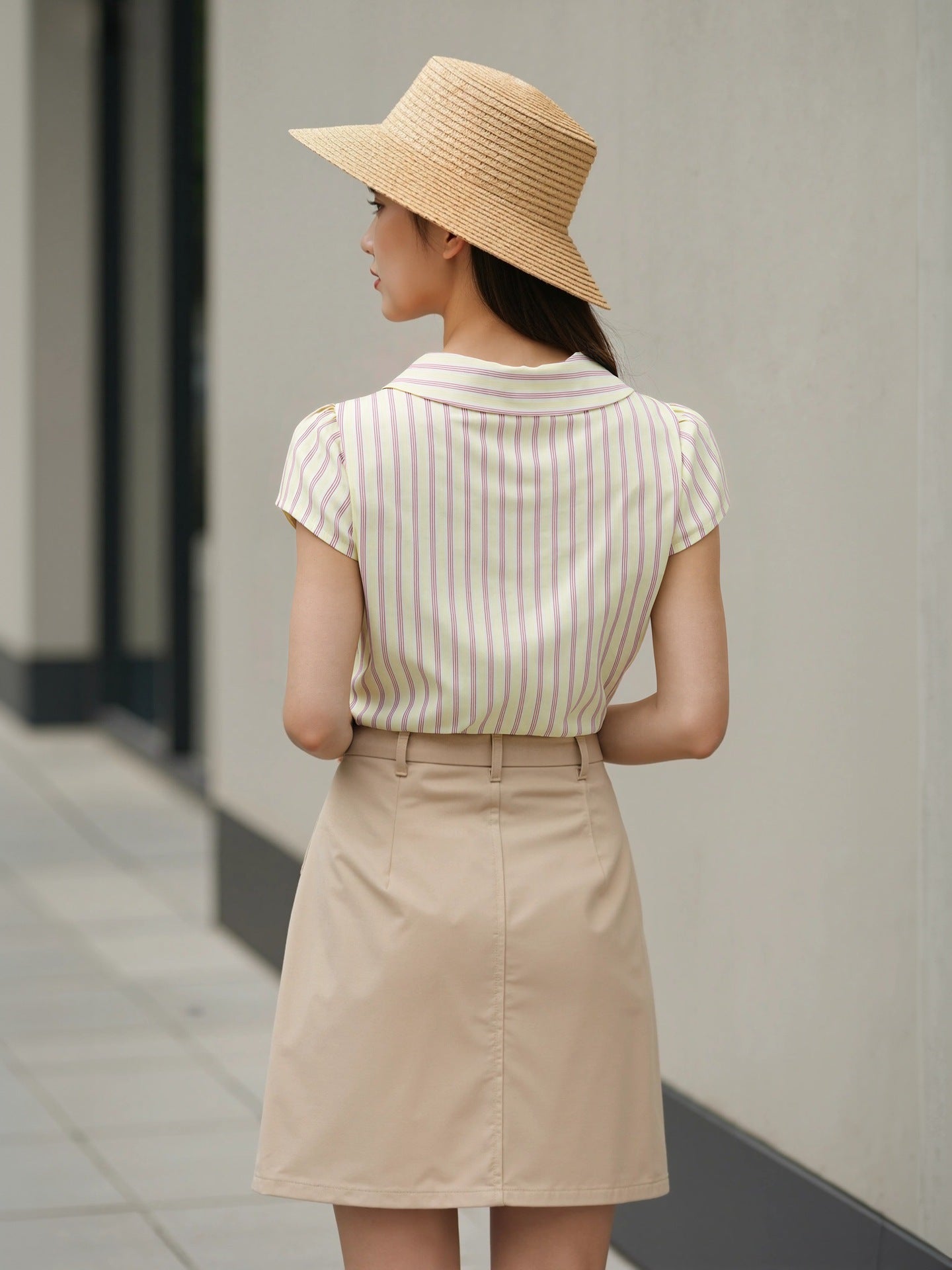 pleated striped buttoned short sleeve shirt