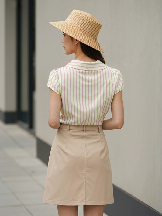 pleated striped buttoned short sleeve shirt