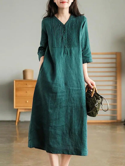 Country-style V-neck patchwork midi dress