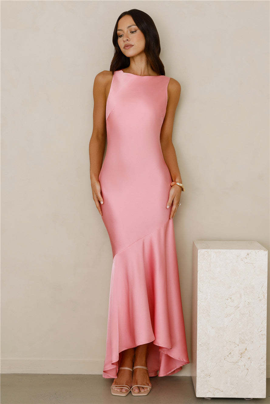 pink satin fishtail large swing maxi dress