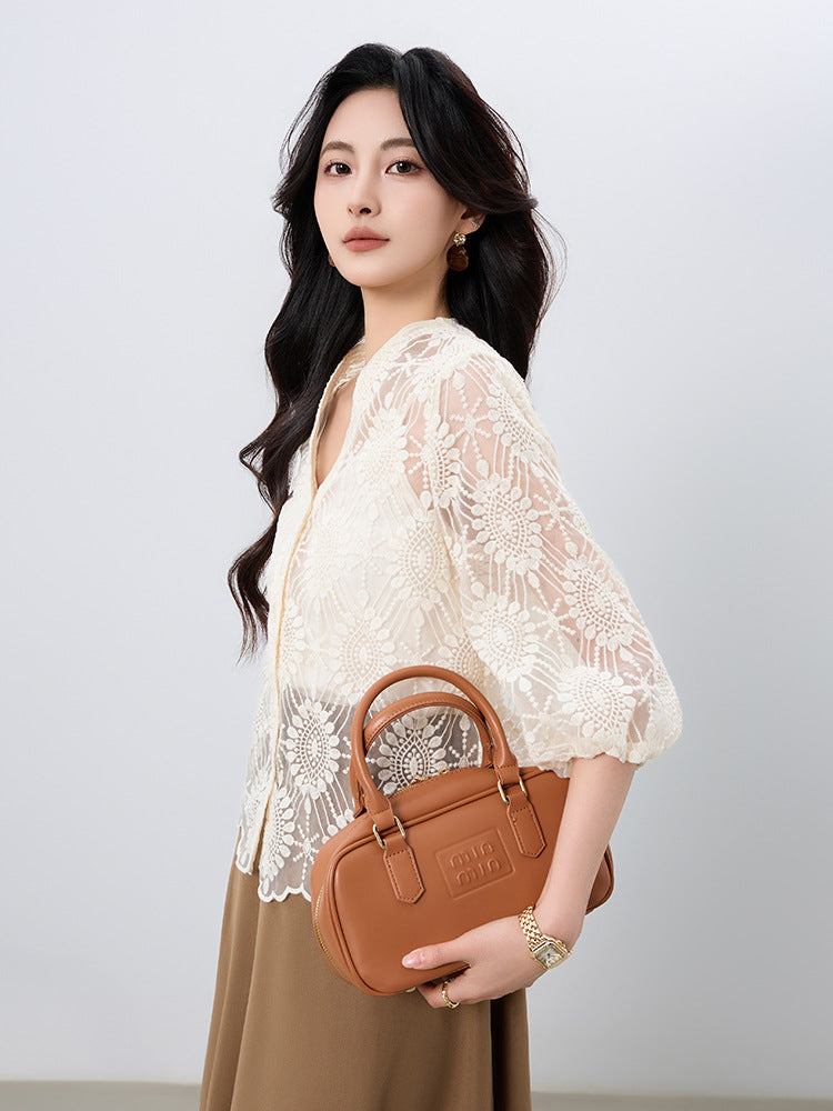 Hollow-out lace embroidered short cardigan - apricot