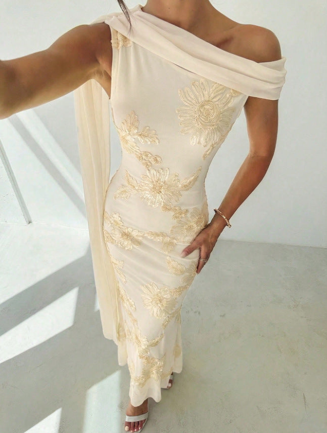 apricot three-dimensional floral hip hugging sloping shoulder streamer maxi dress