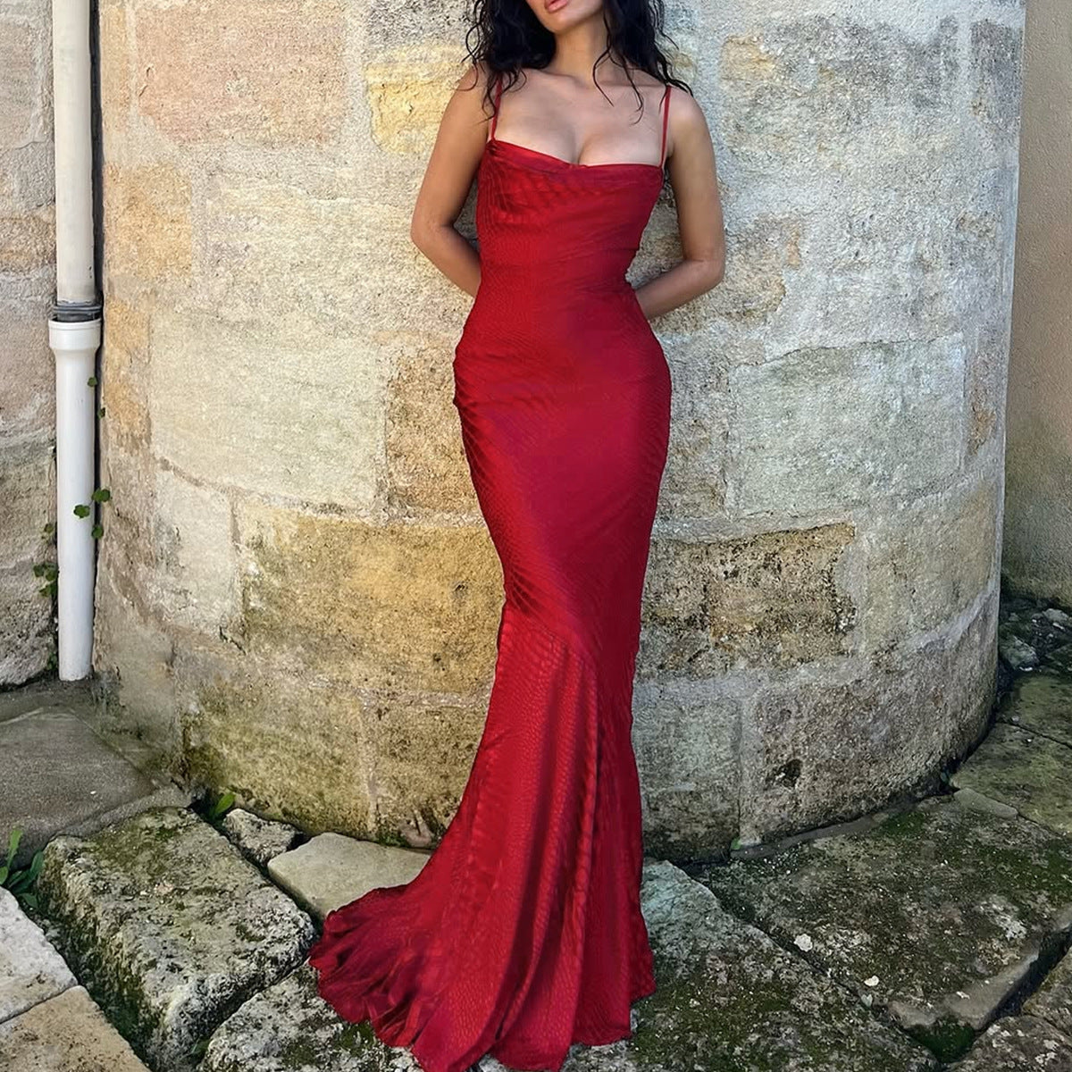 red suspender fishtail evening dress