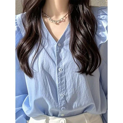 v-neck ruffle trim Long-sleeved shirt - blue