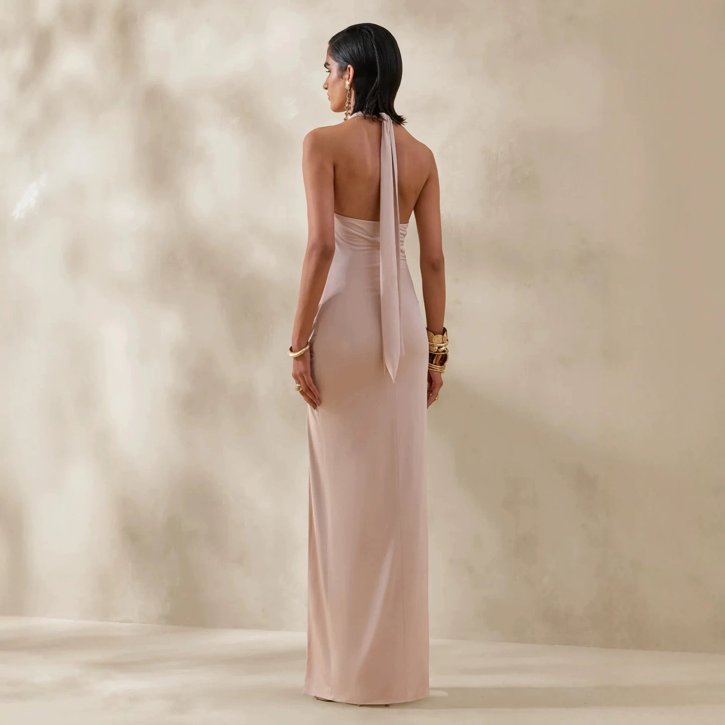 apricot deep V halter pleated backless slit dress