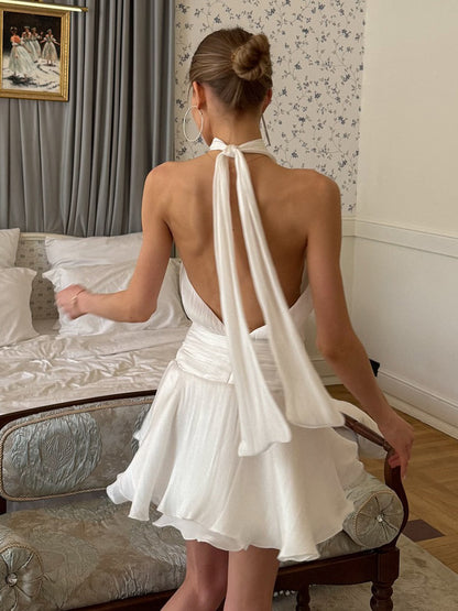 Backless  lace-up  halter-neck mini dress - white