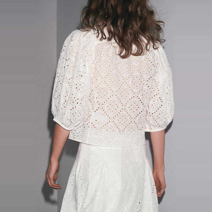 Lapel Puffy Sleeve Hollow Embroidered Shirt