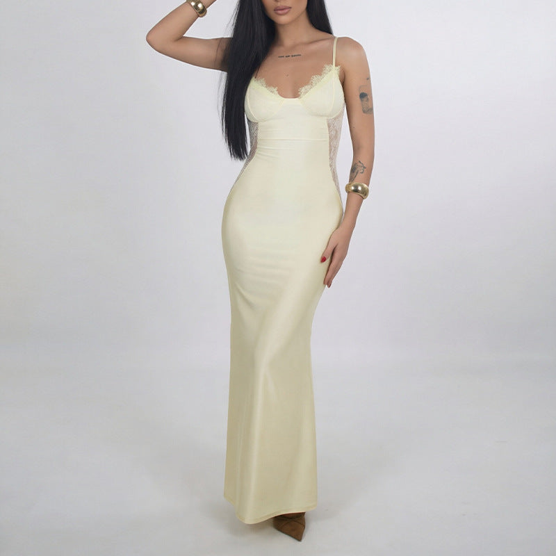 yellow Lace Suspender Waist Slim Dress