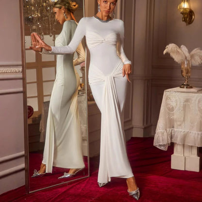 Long-sleeved ribbon-trimmed round-neck maxi dress