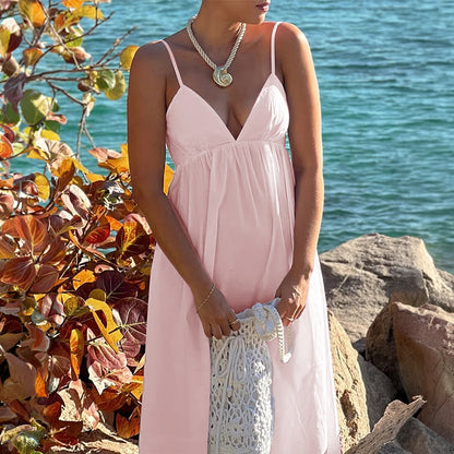 pink suspender deep V high-waisted loose dress