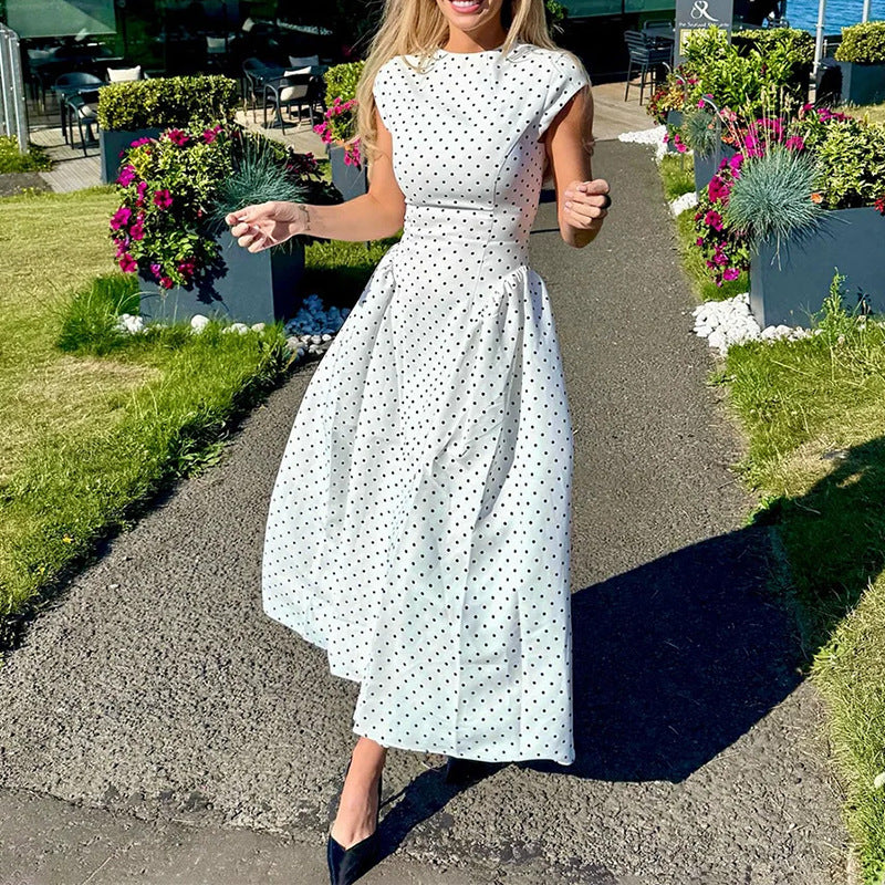 polka dot crew neck waist slimming big swing dress