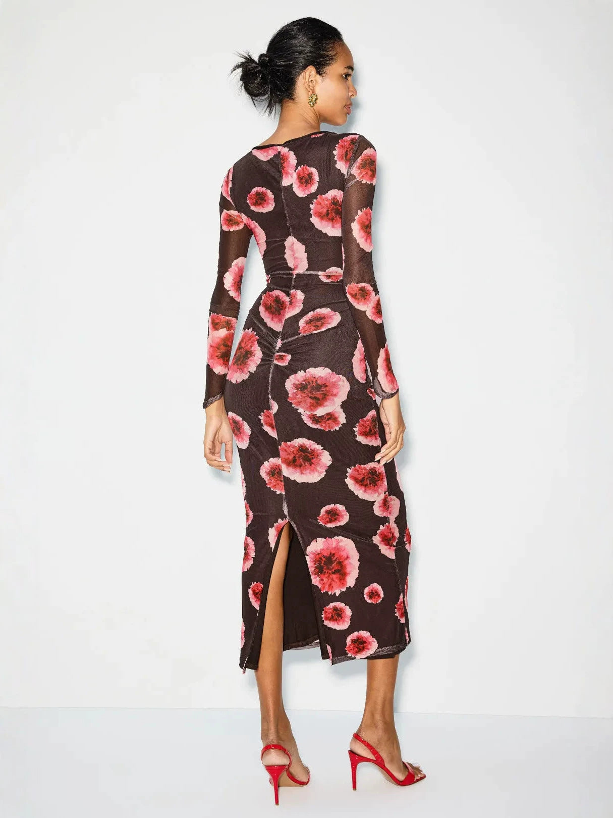 brown Printed mesh long-sleeve ruched slit midi dress