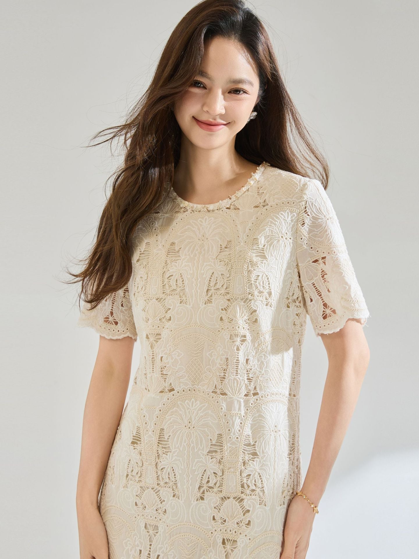 lace openwork embroidery mini dress - beige