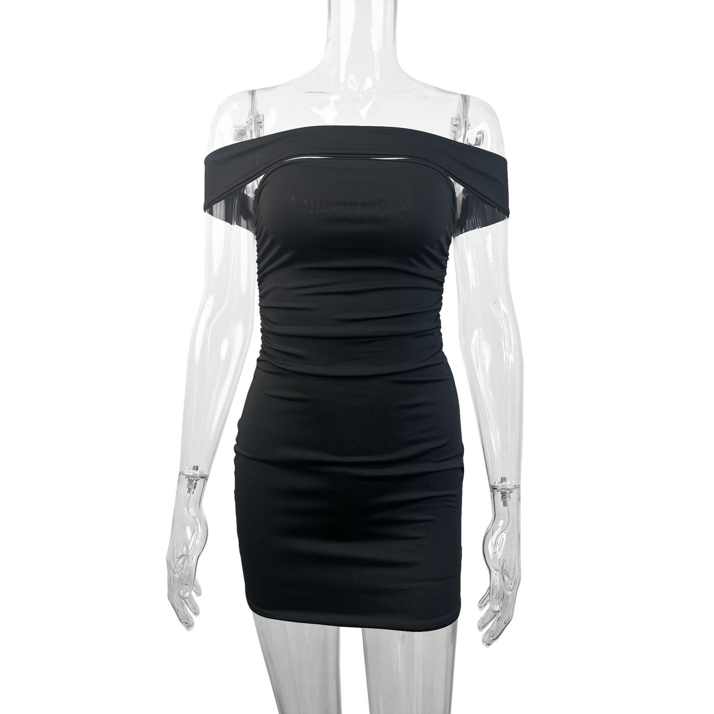 black Off-the-shoulder bodycon pleated mini dress