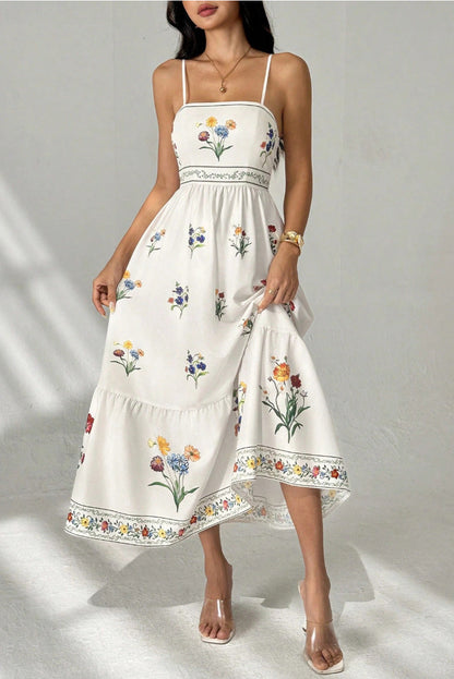 white Suspender Print Waist Open Back dress