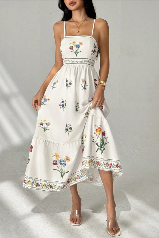 White Multi-Colored Wildflower Print Spaghetti Strap Tiered Midi Dress