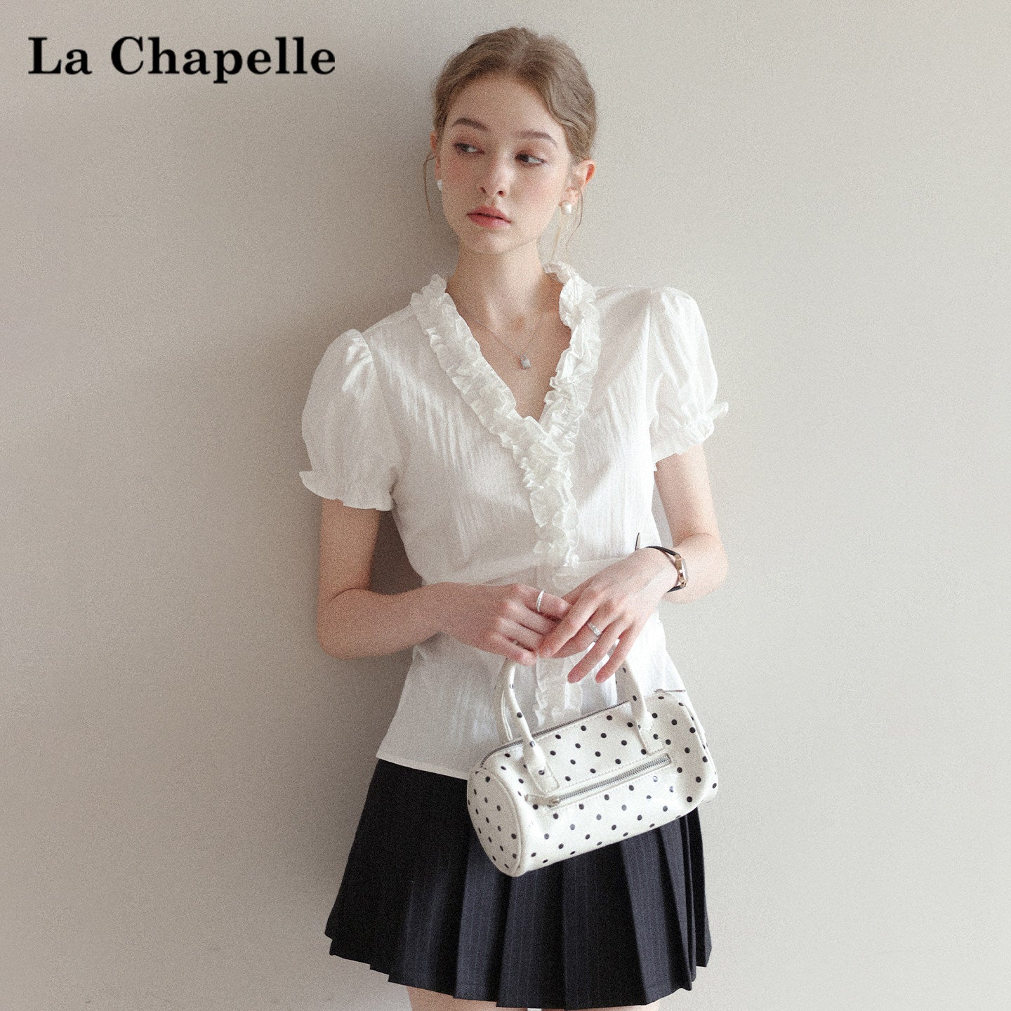 Puff sleeve ruffled V-neck short-sleeved shirt