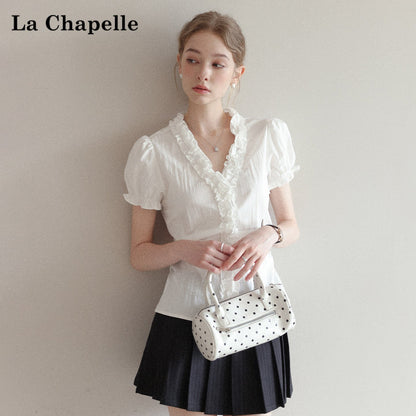 Puff sleeve ruffled V-neck short-sleeved shirt