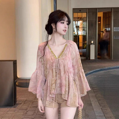 Sequined floral chiffon blouse