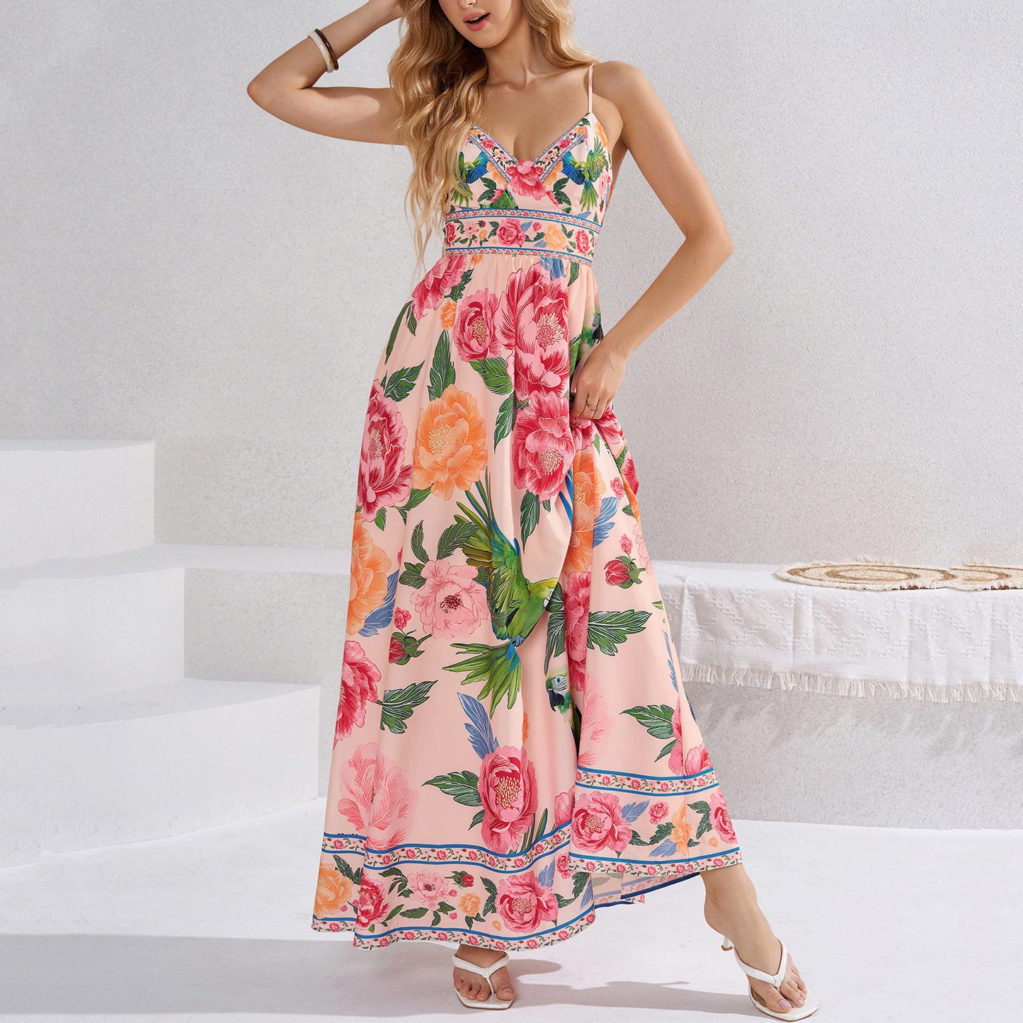 printed slip backless tie-up dress