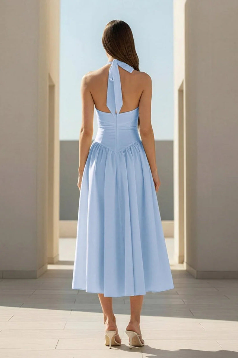 light blue Halter Strappy Backless midi Dress