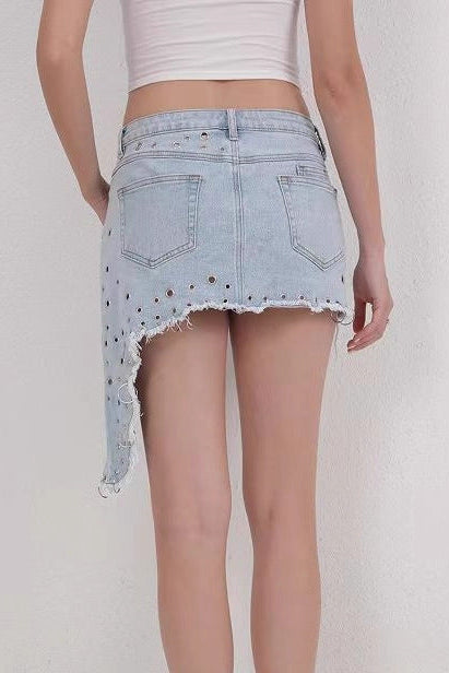 denim ripped irregular beveled skirt