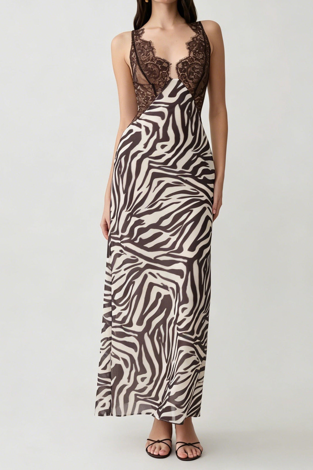 Zebra-print lace-panelled slit camisole maxi dress