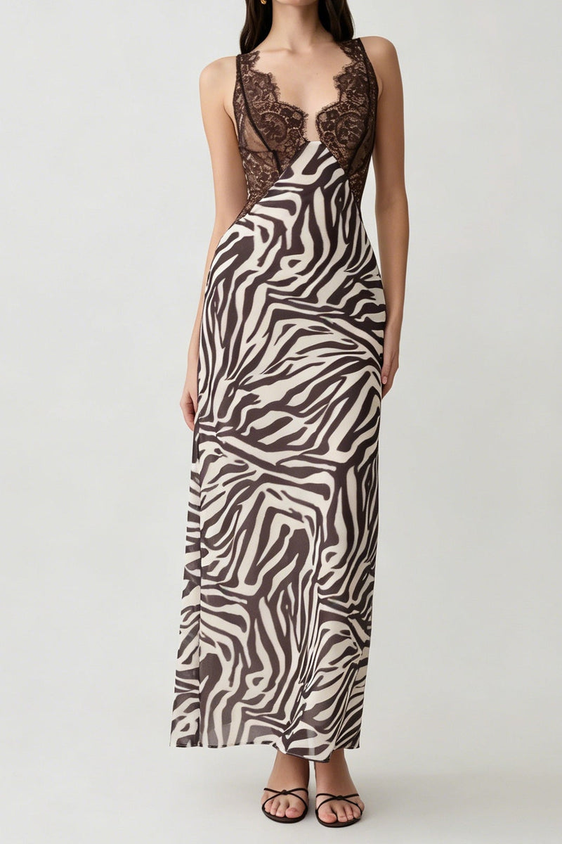 Zebra-print lace-panelled slit camisole maxi dress