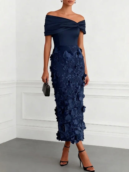 Off-shoulder midi dress with faux 3D floral embroidery