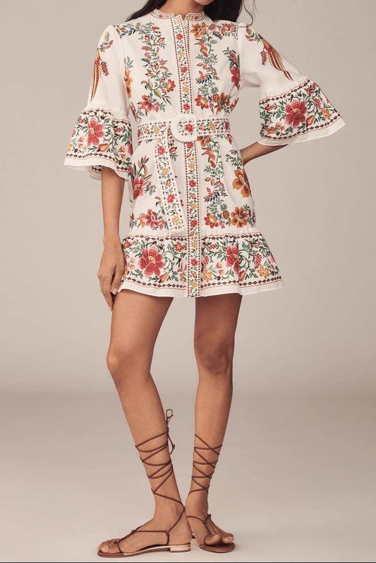 V-neck linen printed lantern sleeve ruffled mini dress