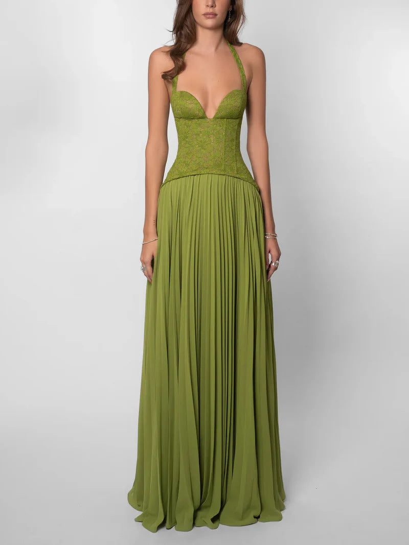 green lace halterneck pleated large swing dress