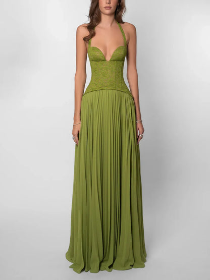 green lace halterneck pleated large swing dress