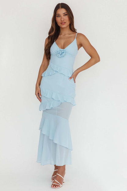 blue backless suspender ruffled dress