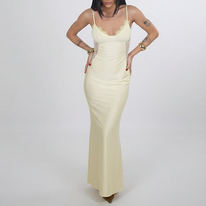 yellow Lace Suspender Waist Slim Dress