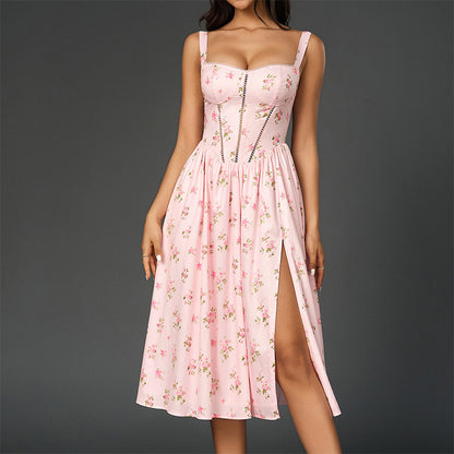 pink print high slit open back midi dress