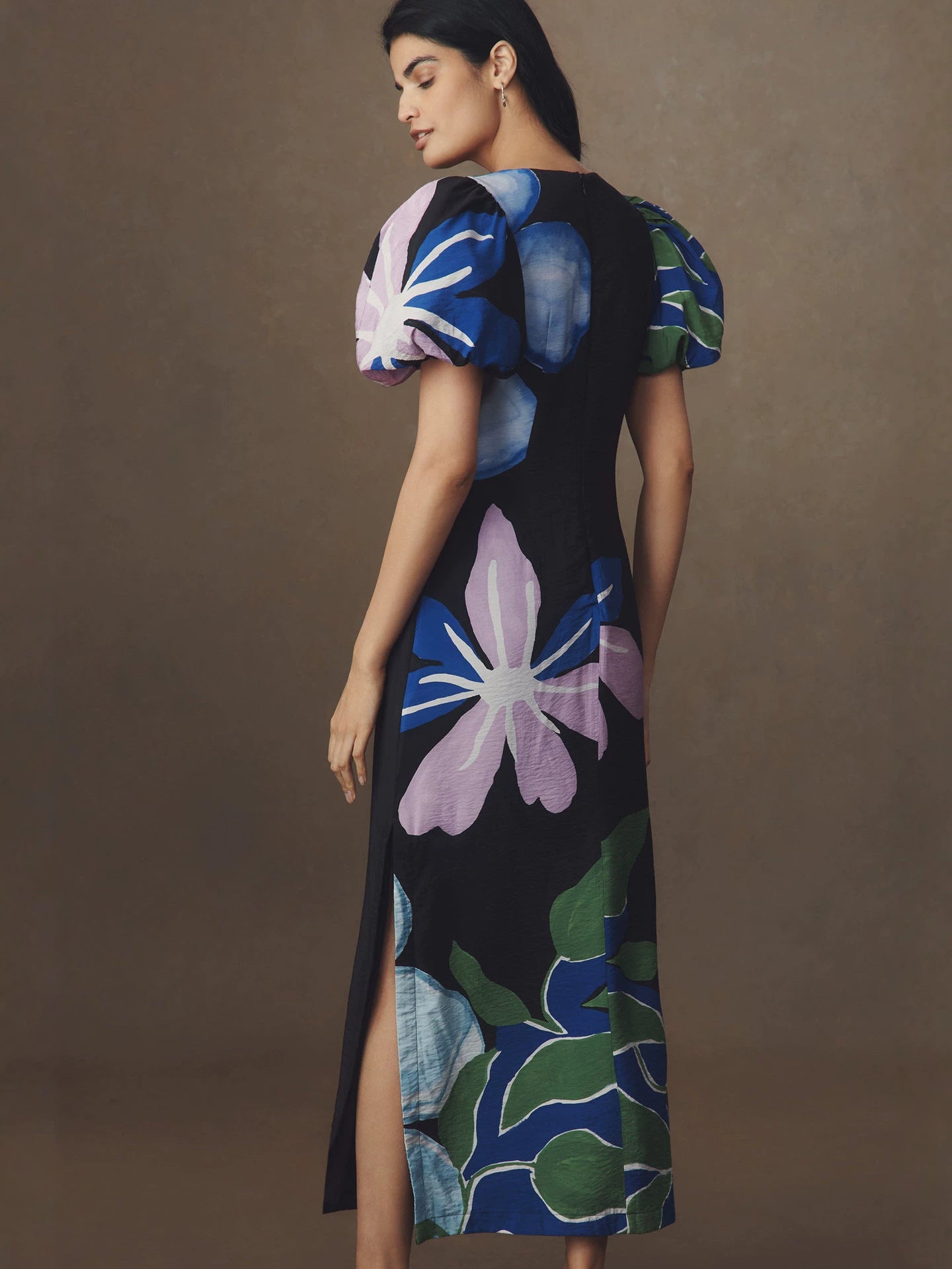 Printed puff sleeve V-neck side slit maxi dress