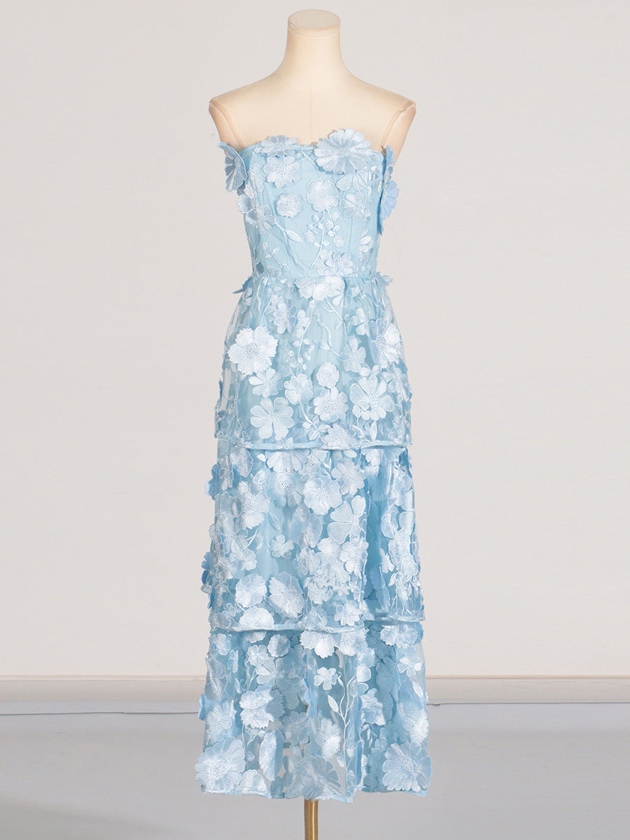 Selene floral embroidery Tiered Maxi Dress In Blue