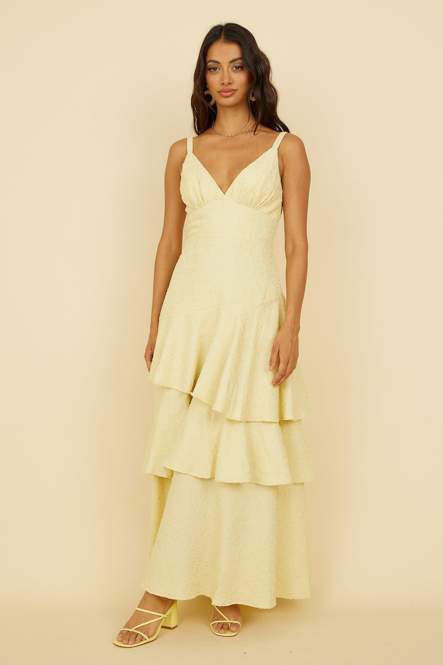 yellow suspender V-neck maxi dress