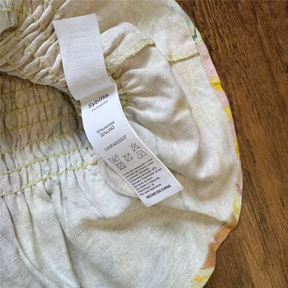 diamond plaid floral pleated elastic hip hugging linen skirt