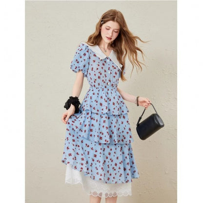 lace splicing print Tiered maxi dress in blue