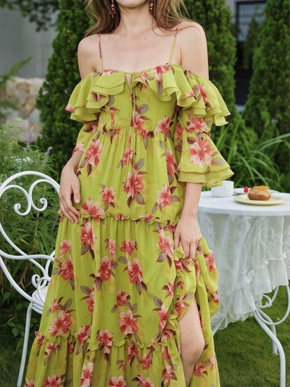floral print ruffle slit camisole maxi dress - green
