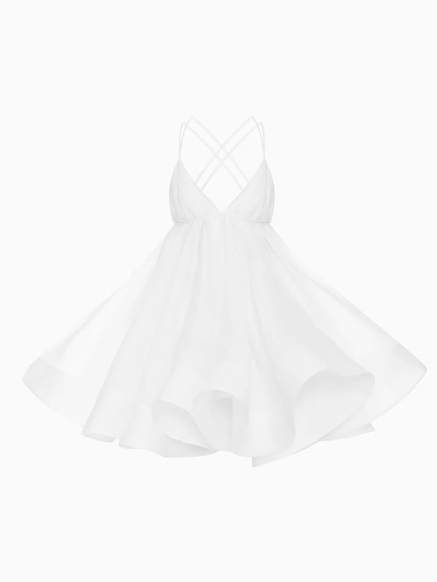 Pleated voluminous V-neck backless camisole mini dress