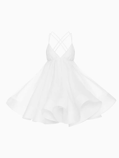 Pleated voluminous V-neck backless camisole mini dress