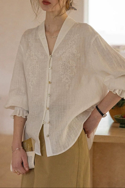 Linen jacquard V-neck rope embroidery shirt