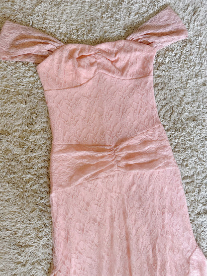 Bow Strap Ruched Lace Mermaid Midi Dress