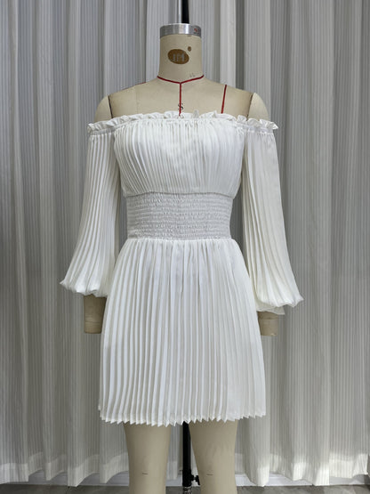 Ruched off-the-shoulder long-sleeve waist-cinching mini dress - white